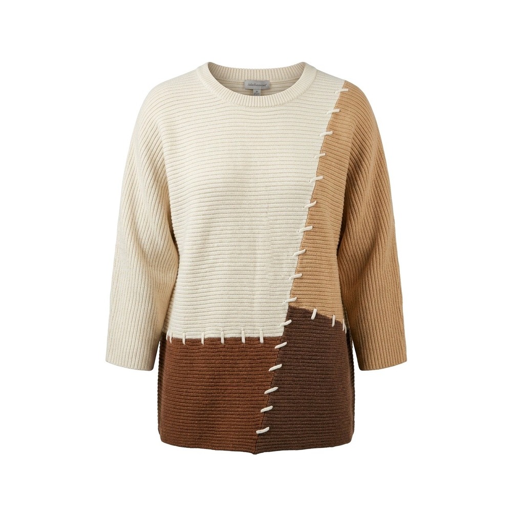 Multiples Women 2X Colorblock Ribbed Knit Whipstitch Patchwork Sweater Brown